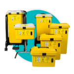 Assortment of yellow medical sharps containers